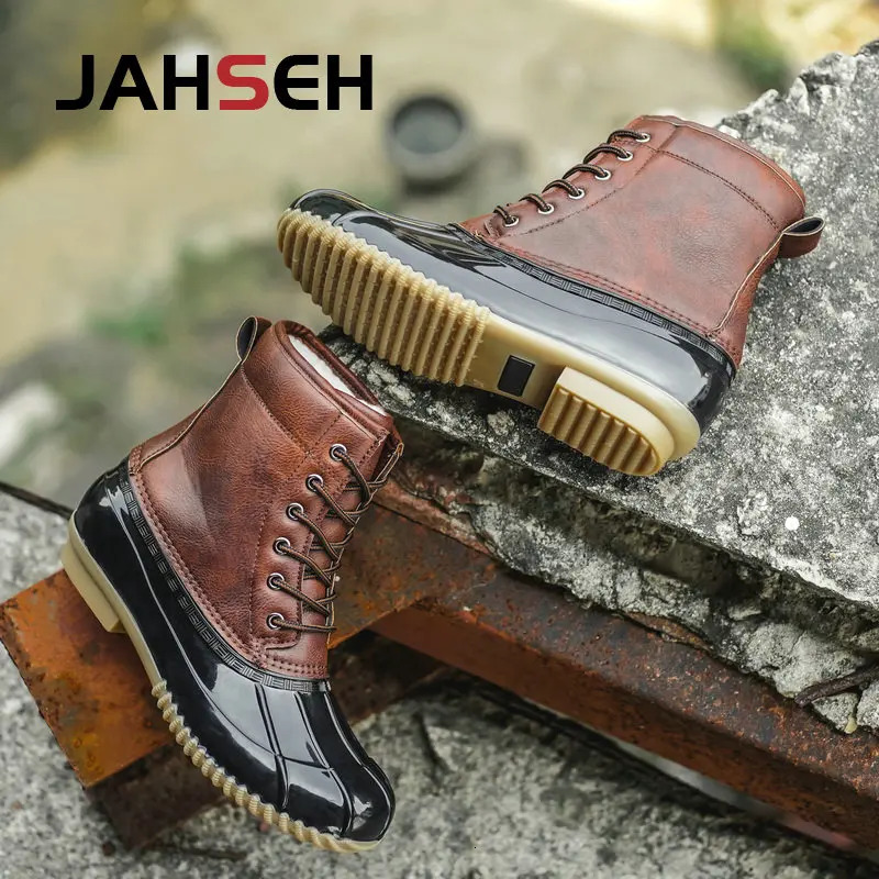 Plush warm mens winter snow boots duck boots unisex waterproof rubber soles rain boots lace laces fashionable walking shoes 241202