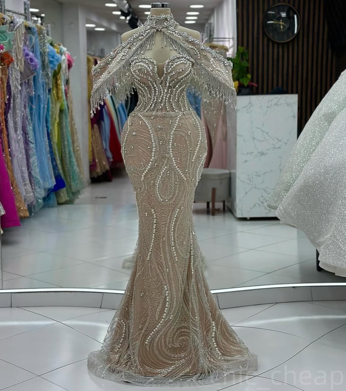 Champagne Illusion Mermaid Prom Dresses 2024 Pearls Crystals Sequined Evening Formal Party Second Birthday Engagement Gowns Plus Size Dress For Specia