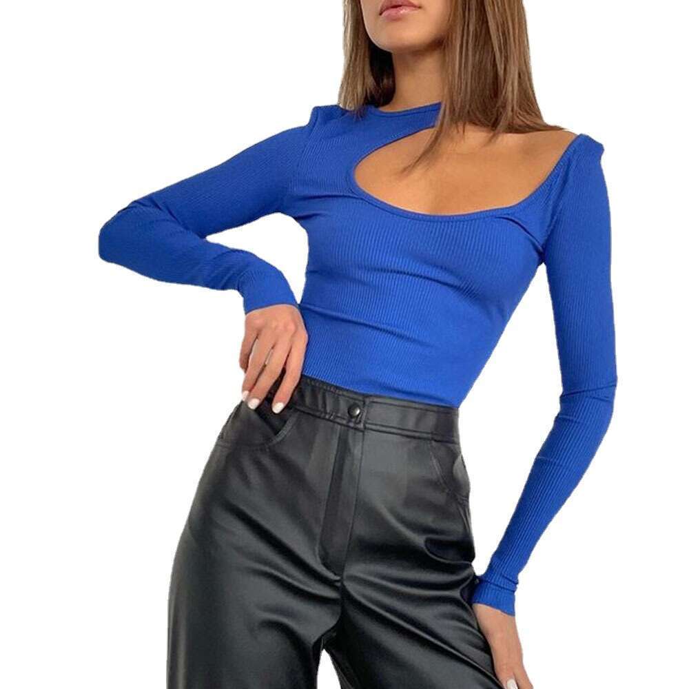 Ribbed hollow jumpsuit for women 2023 spring new long sleeved sexy top simple