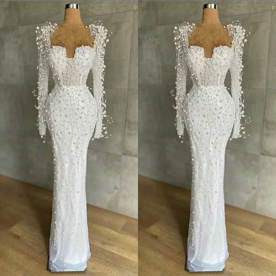 Mermaid Wedding Dresses For Women Sweetheart Neck Long Sleeves Bridal Gown Sequins Pearls Sweep Train Customized Dress vestidos de novia