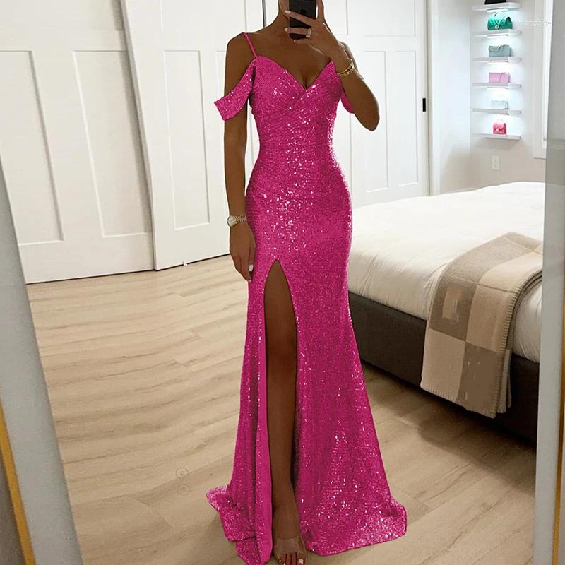 Casual Dresses Fashion Banquet Sequins Off Shoulder Evening Sexy Suspender Slim Side Split Elegant Ladies Temperament Prom Gown