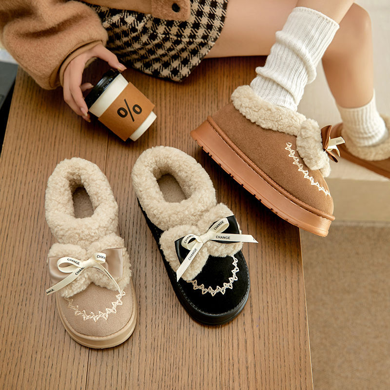 New winter cotton shoes with bow tie for girls, warm snow boots made of lamb wool, cute and non slip thick sole, wearing cotton shoes on the outside