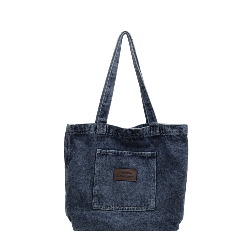 Korean Dongdaemun Lazy Denim 2024 New Emed Letter Texture Single New Shoulder Tote Bag
