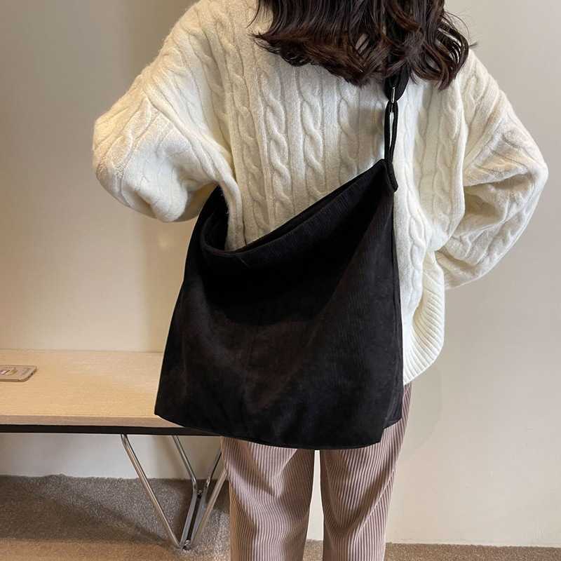 Large capacity fashionable simple artistic versatile trend crossbody shoulder bag corduroy solid color tote bag 241203