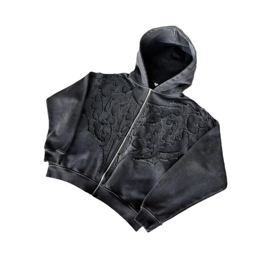 Retro Gothic Ghoul Graphic Embroidery Y2K Hoodie Mens Hip Hop Fashion Zipper Hoodie Autumn Street Costume Halloween Sweater 241105