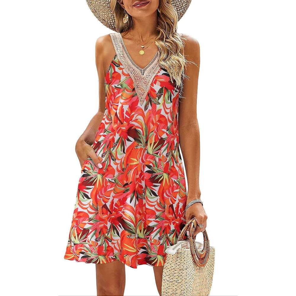 24TEMUTK Summer Beach V-neck Tropical Casual Printed Sleeveless Dress