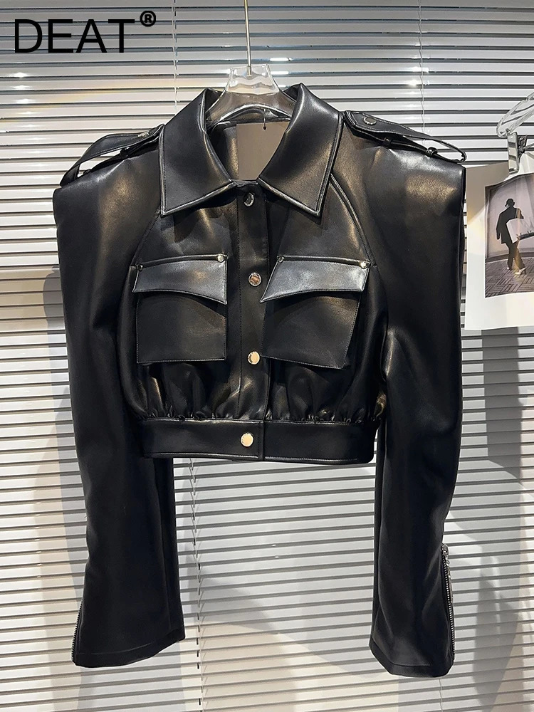 DEAT Streetwear Pocket PU Leather Black Coat For Women Long Sleeve Single Breasted Lapel Jacket 2024 Spring Female 11XX5280 241202