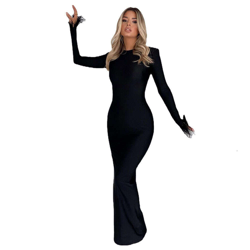 2023 style women's spring fashion temperament round neck solid color slim fit ostrich fur long sleeved dress