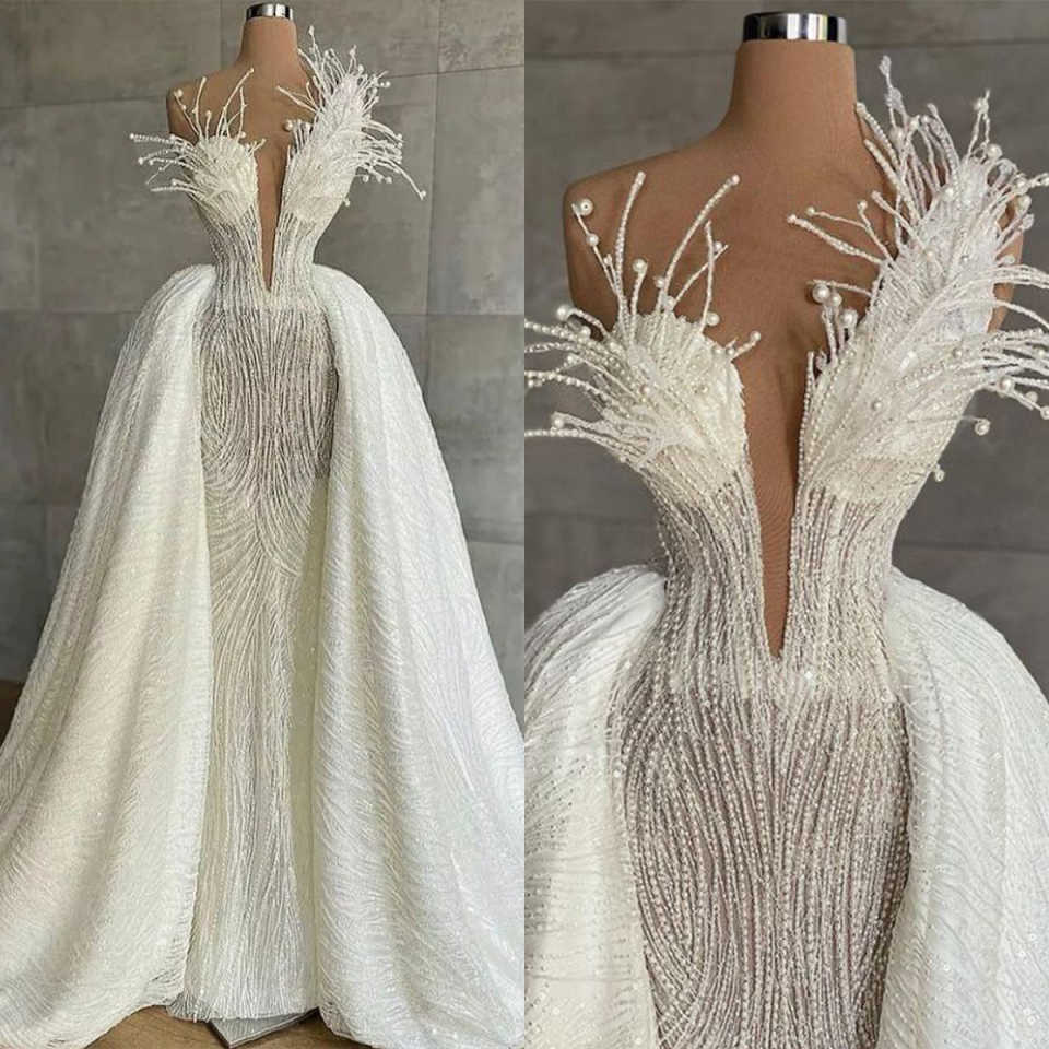 Gorgeous Mermaid Wedding Dresses For Women Sweetheart Neck Sleeveless Bridal Gown Pearls Detachable Train Customized Dress vestidos de novia