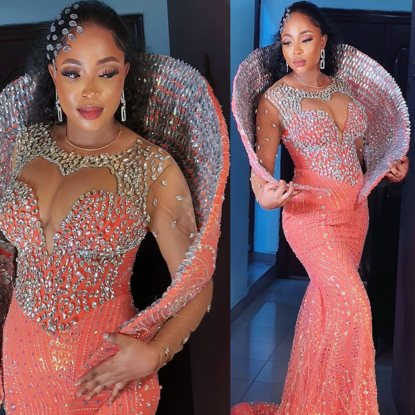Peach Mermaid Prom Dresses 2024 Rhinestones Full Sleeves Sequined Evening Formal Party Second Birthday Engagement Gowns Plus Size Dress For Special Oc