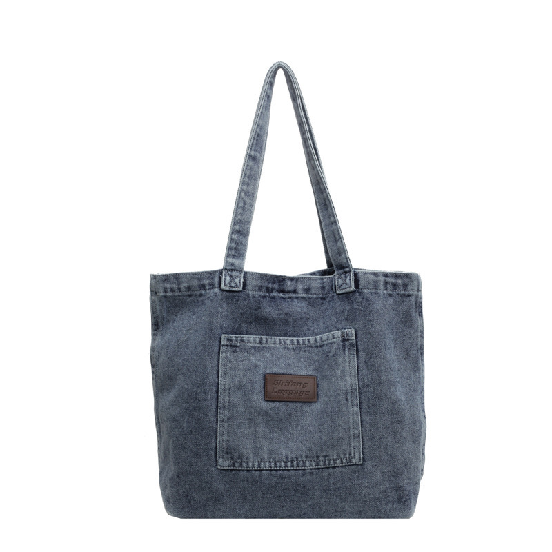 Korean Dongdaemun Lazy Denim 2024 New Emed Letter Texture Single New Shoulder Tote Bag