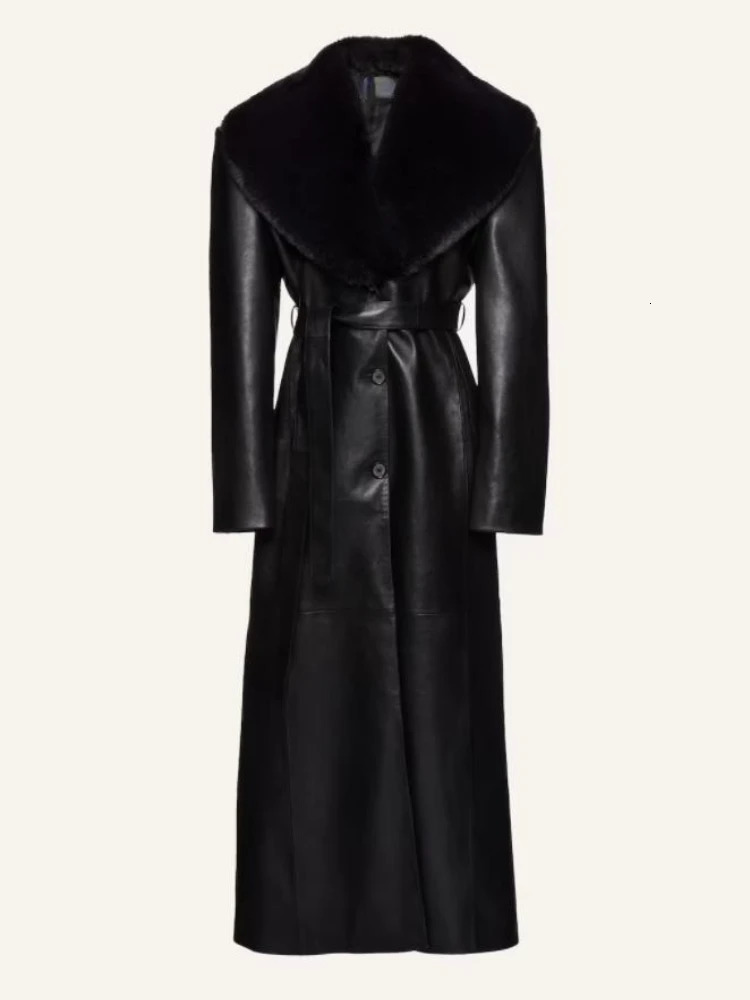 Womens XLong Leather Trench Coats Faux Fur Trim Collar Belted On Waist Slim Sheep Skin Black Coat Streetwea 241202