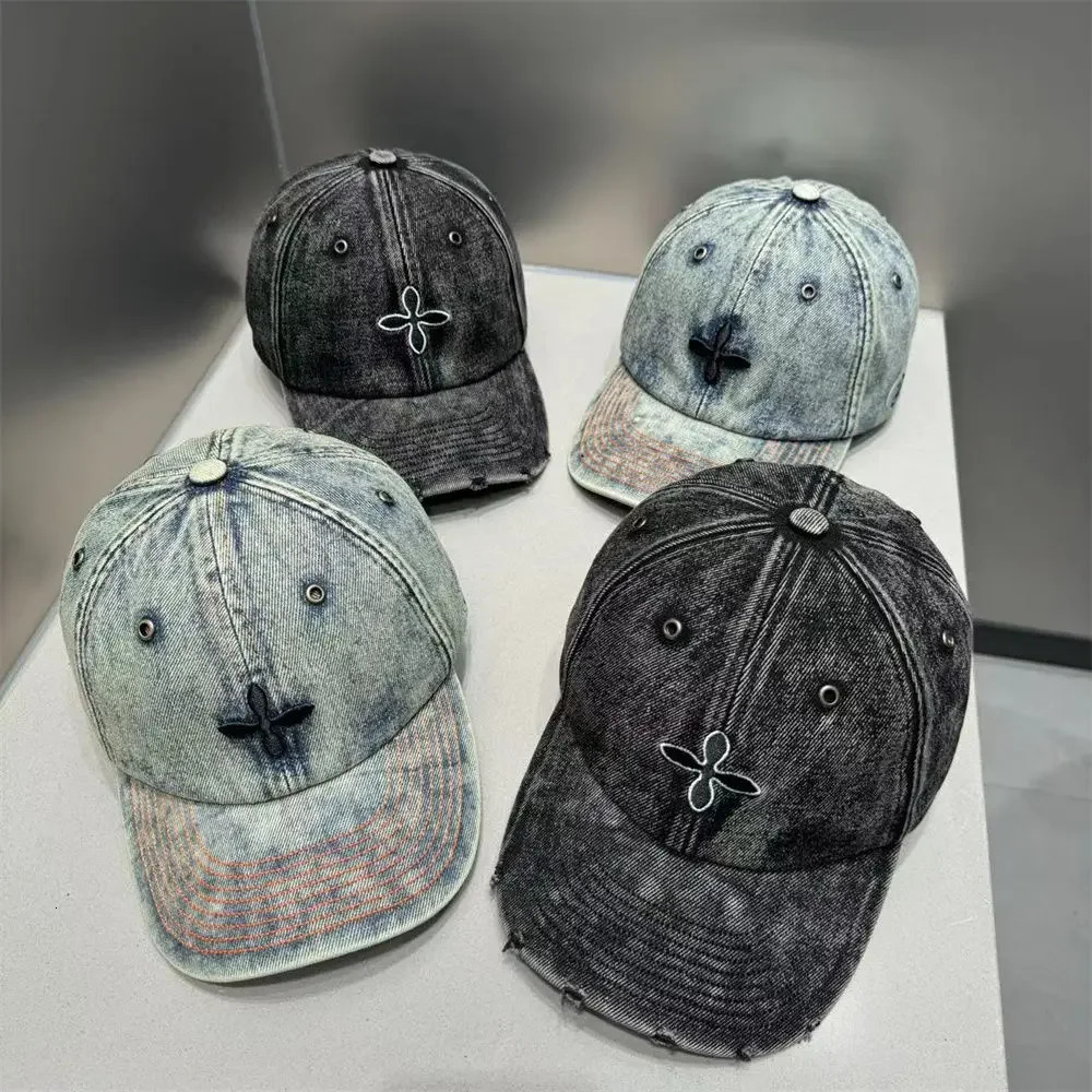 Flora Cheong Leens denim cross embroidered baseball cap in the same style female couple toe cap male Smfk torn Distressed hat 241203