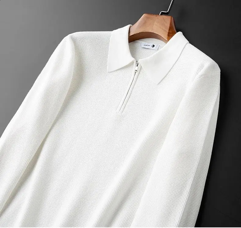 Warm knitted waffle half zipper white polo shirt for men long sleeved sweater lapel sweater for men 241203