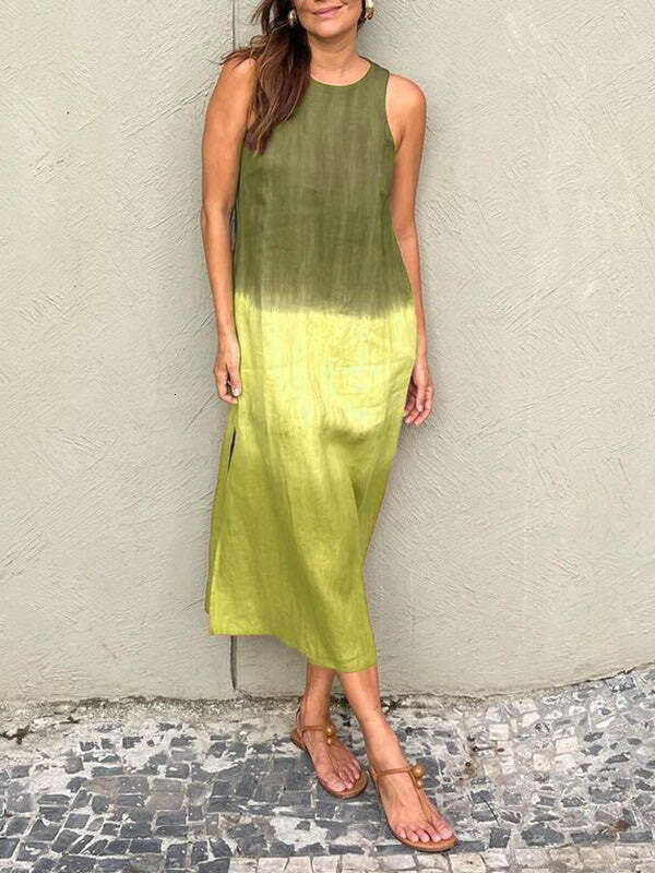 2024 Summer Women's Casual Sleeveless Split Gradient Color Long Dress