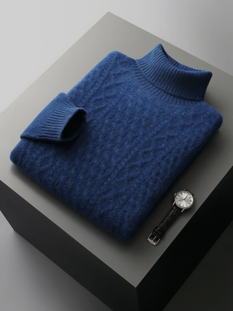 Qiku Mens Turtle Neck Cashmere Sweater Autumn Thick Pulled 100% Merino Wool Knitted Cable Knitted Warm Casual Top 241202 - view 3