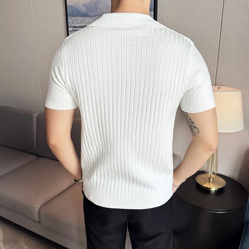 Mens striped polo shirt summer lightweight breathable solid casual elastic slim fit short sleeved V-neck T-shirt mens clothing 241203
