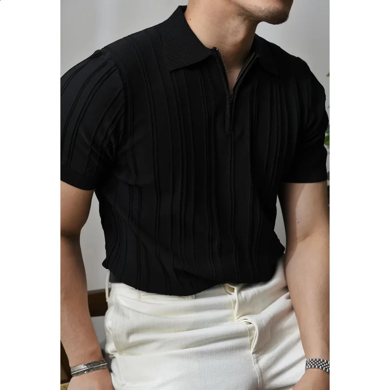 Summer mens solid zipper knitted polo shirt street clothing mens clothing lapel slim fit basic business casual short sleeved top 241203