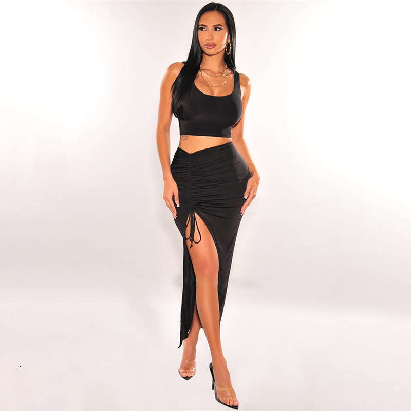 Hot selling women's slim fit U-neck casual fashion vest pleated high slit skirt set