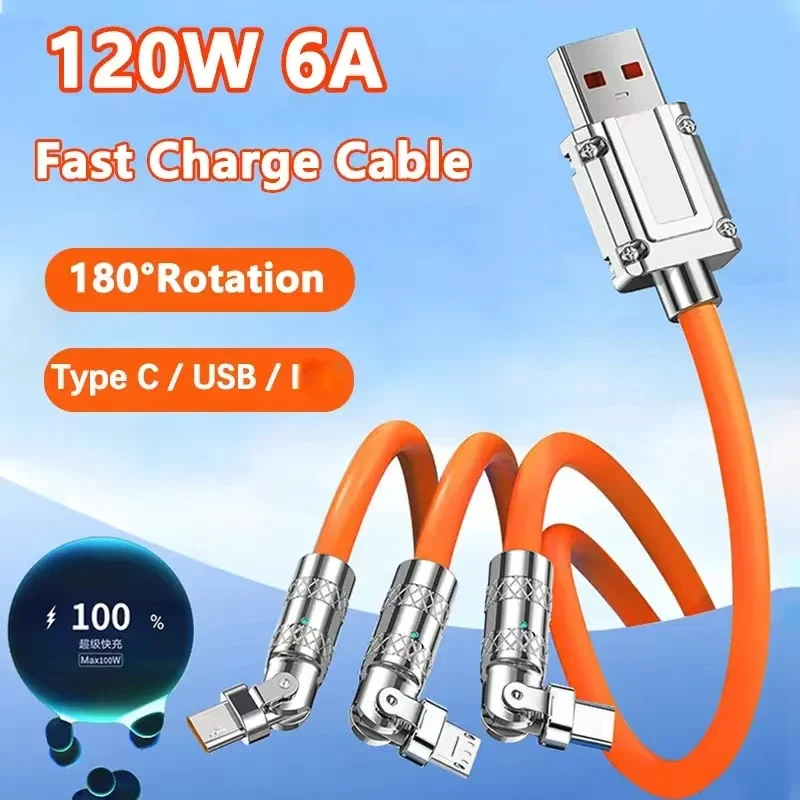 2M 120W 3 in 1 Super Fast Charging Cable Micro USB Type c 180° Rotating Data Cable Zinc Alloy Multiple USB Phone Charger Cord For Xiaomi 13 Samsung IPhone 14 13