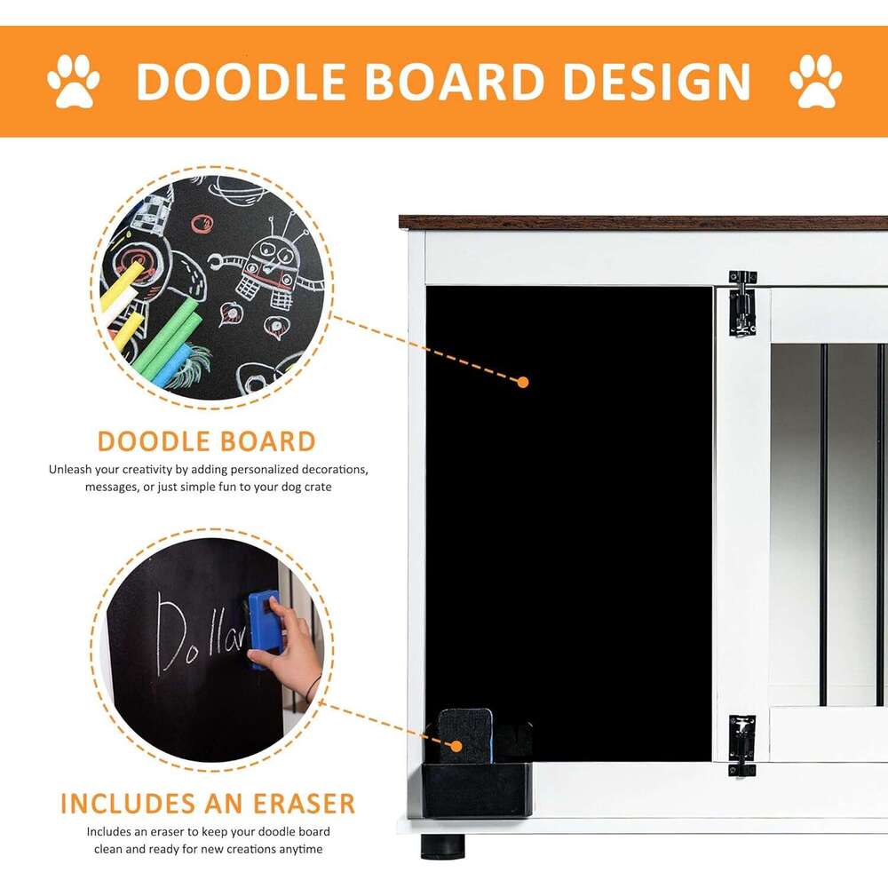 US STOCK DEJUUAN Wood with Graffiti Board Double Doors and Chewable Indoor Dog Crate for Be Used as TV Display Stand, Side Table, White