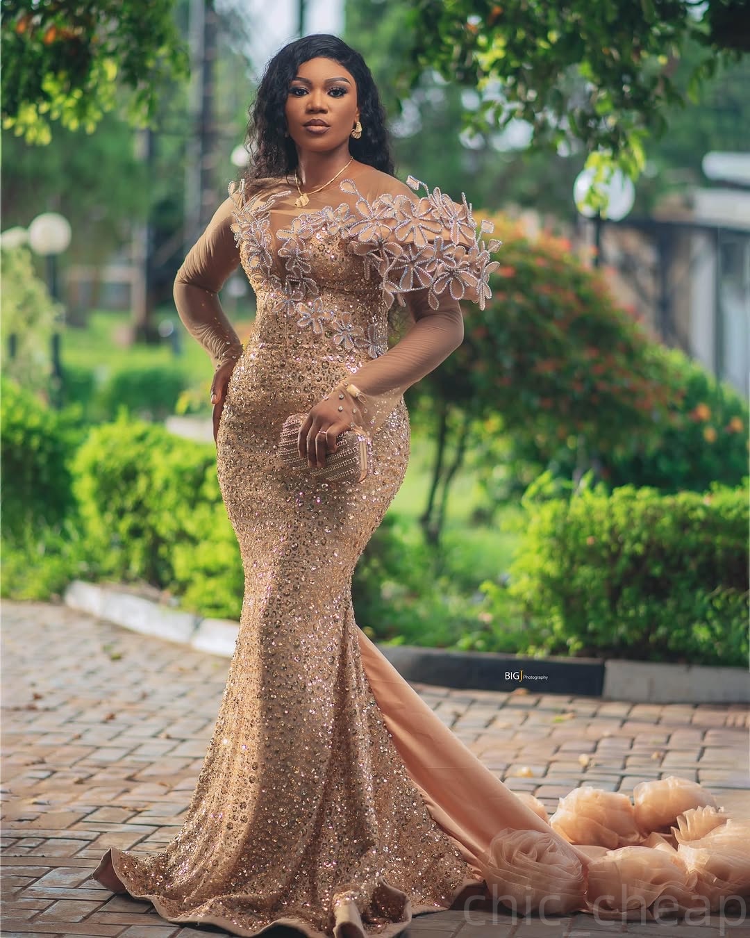 Gold Illusion Mermaid Prom Dresses 2024 Florals Full Sleeves Sequined Evening Formal Party Second Birthday Engagement Gowns Plus Size Dress For Specia