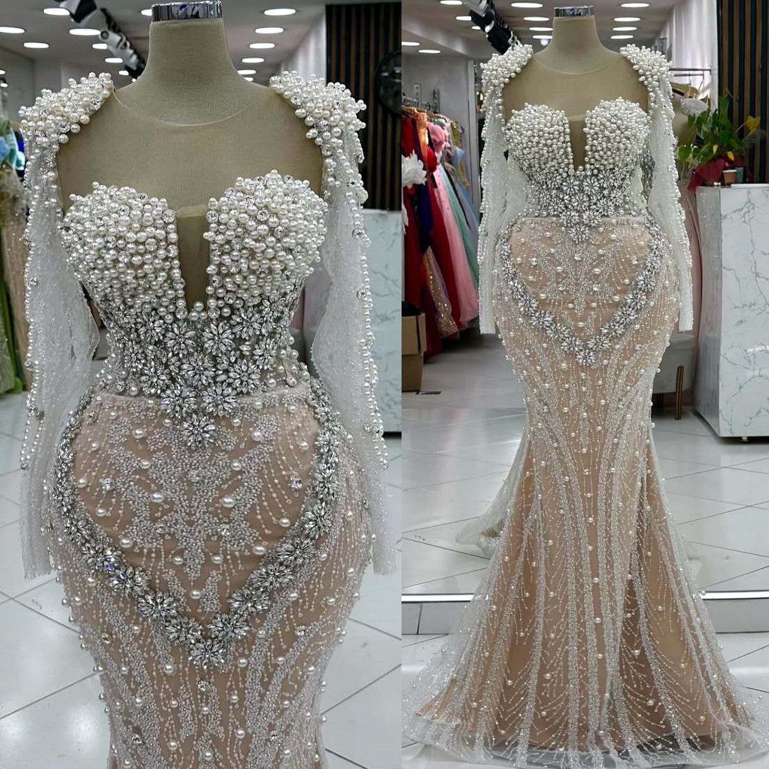 Ivory Illusion Mermaid Prom Dresses 2024 Pearls Rhinestones Evening Formal Party Second Birthday Engagement Gowns Plus Size Dress For Special Occasion