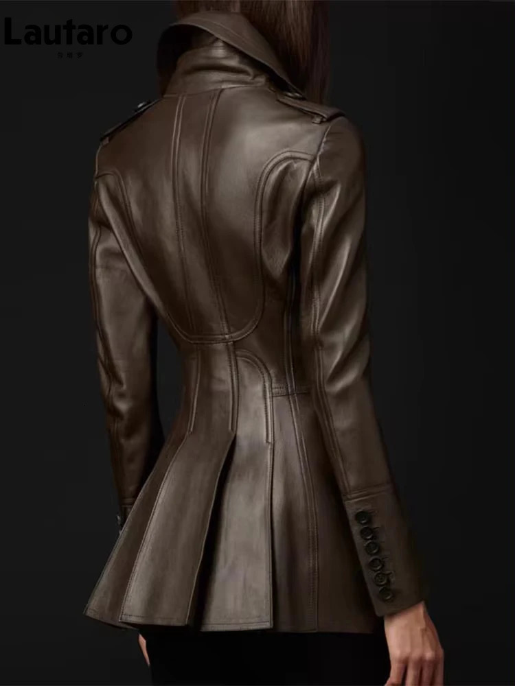 Lautaro Autumn Fitted Coffee Skirted Pu Leather Blazer Jacket Women Long Sleeve Double Breasted High Quality European Fashion 241202