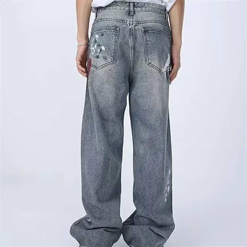 Autumn mens graffiti Y2K streetwear bag jeans hip-hop fashion tear blue jeans Trouser punk straight jeans pantalones hombre 241203