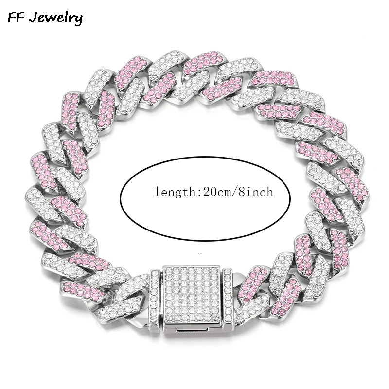 14mmHip Hop Shiny Cuban Link Chain Bracelets Women Men PINK Color Rhinestone Iced Out Chain Bracelets Punk Wristband Jewelry 241203