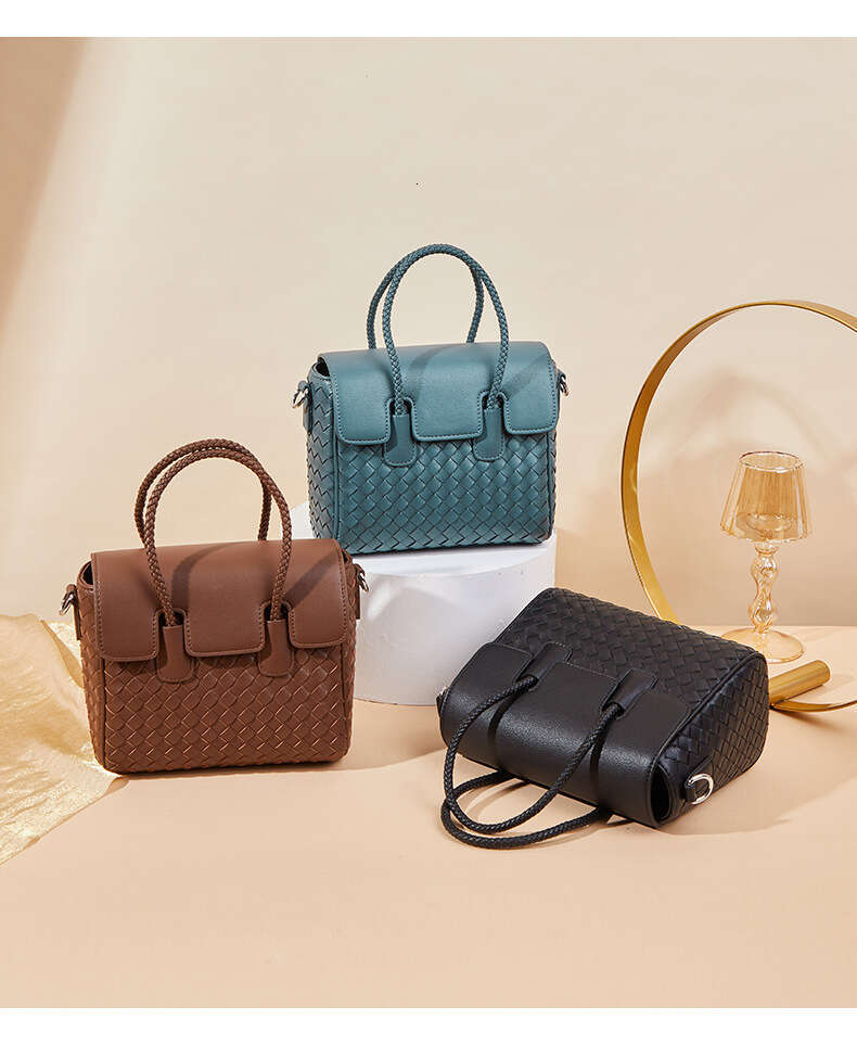 Cowhide leather woven women's handbag new fashion simple large capacity portable shoulder bag crossbody bag