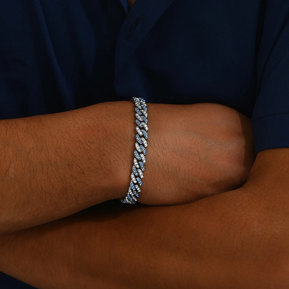 Hip Hop Cuban Bracelet For Men Full Shiny Crystal Stone Wide Double Color Brcelet Rock Style Fashion Statement Jewelry 241203