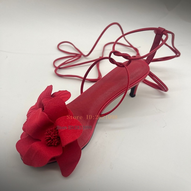 Hot Pure Red Wers Thin Heeled High Heel Sandals Women Round Toe Lace Up Tassel Summer Party Shoes
