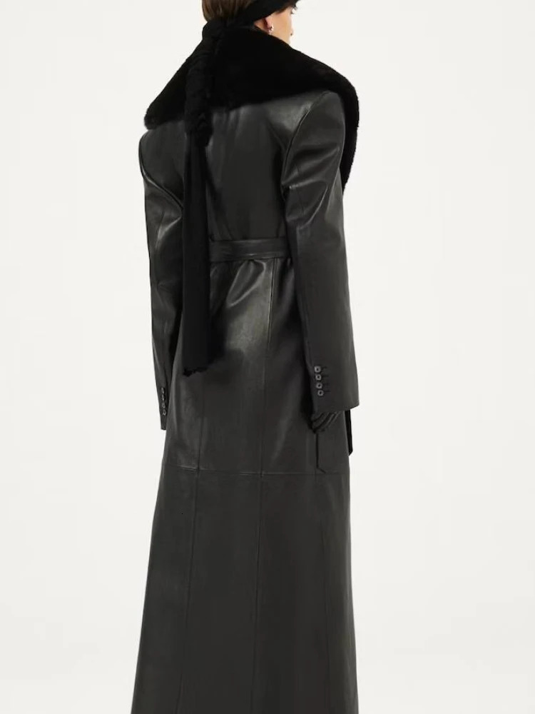 Womens XLong Leather Trench Coats Faux Fur Trim Collar Belted On Waist Slim Sheep Skin Black Coat Streetwea 241202