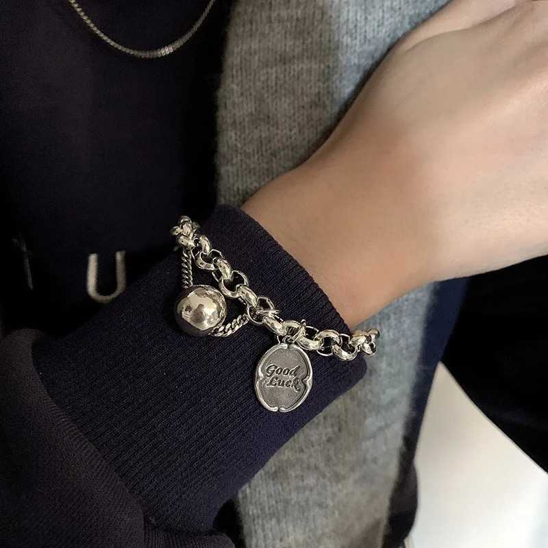 925 Sterling Silver Ball Pendant Tag Charms Bracelet for Women Vintage Thick Chain Hip Hop Bracelet Jewelry 241203