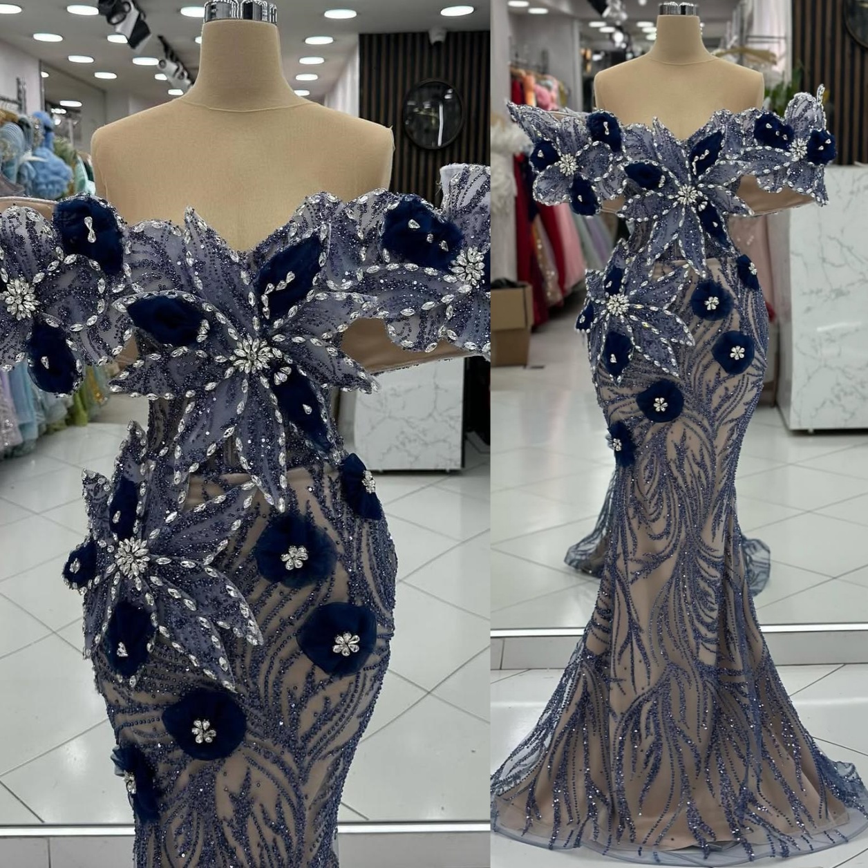 Navy Blue Illusion Mermaid Prom Dresses 2024 Flowers Crystals Sequined Evening Formal Party Second Birthday Engagement Gowns Plus Size Dress For Speci