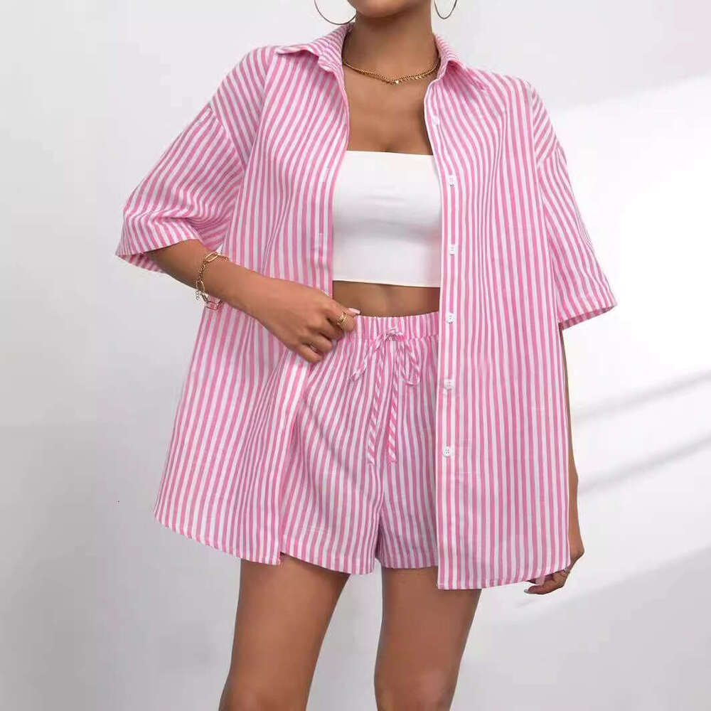 Fashion suit women's 2024 summer collar casual striped short sleeved pants, two pieces