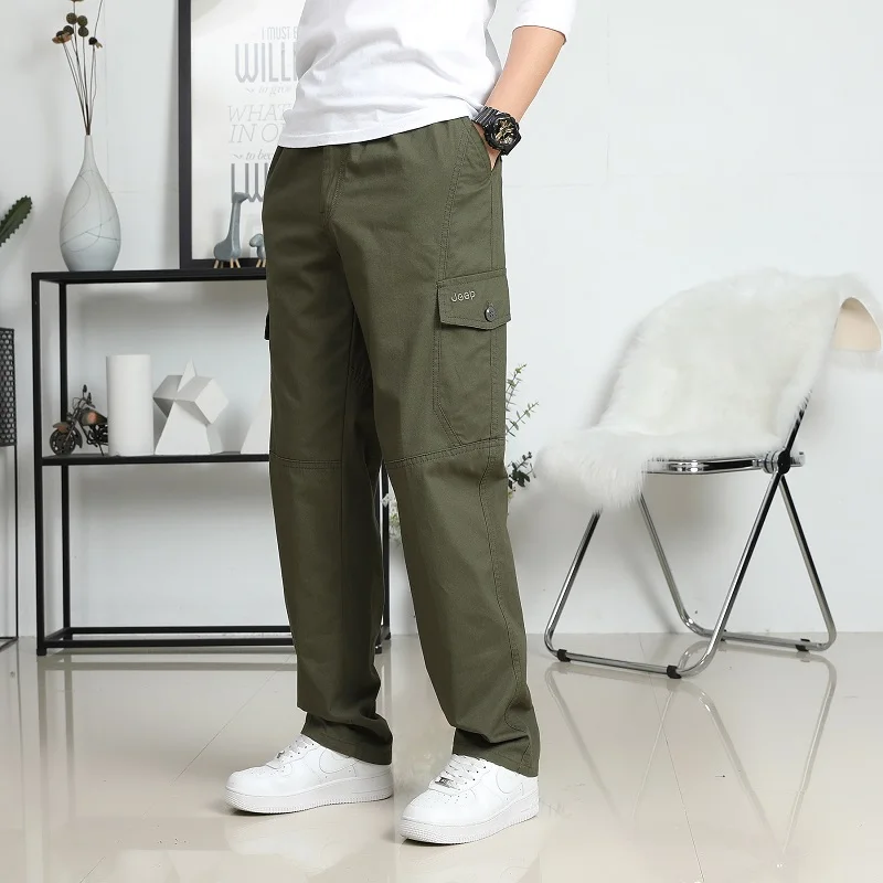 Large Size Men's Cargo Trousers Straight Leg Work Pant Men Loose Fit Cotton Wide Overalls Male Side Multi Pocket Plus Size 6XL Bottom