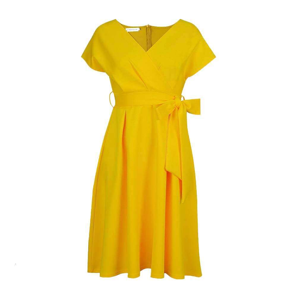 Summer V-neck solid color waistband bow tie large hem formal dress