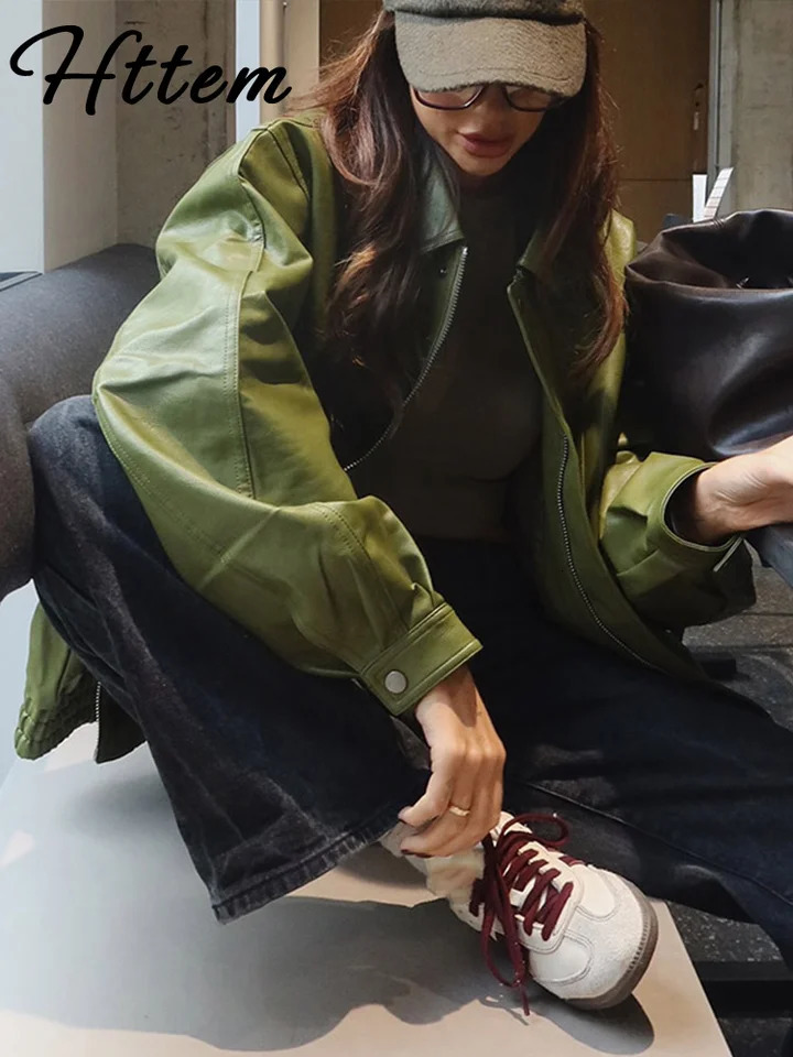 Green PU Leather Womens Jacket Loose Lapel Full Sleeves Button Female Overcoat 2024 Autumn Winter Solid Street Lady Outwear 241202