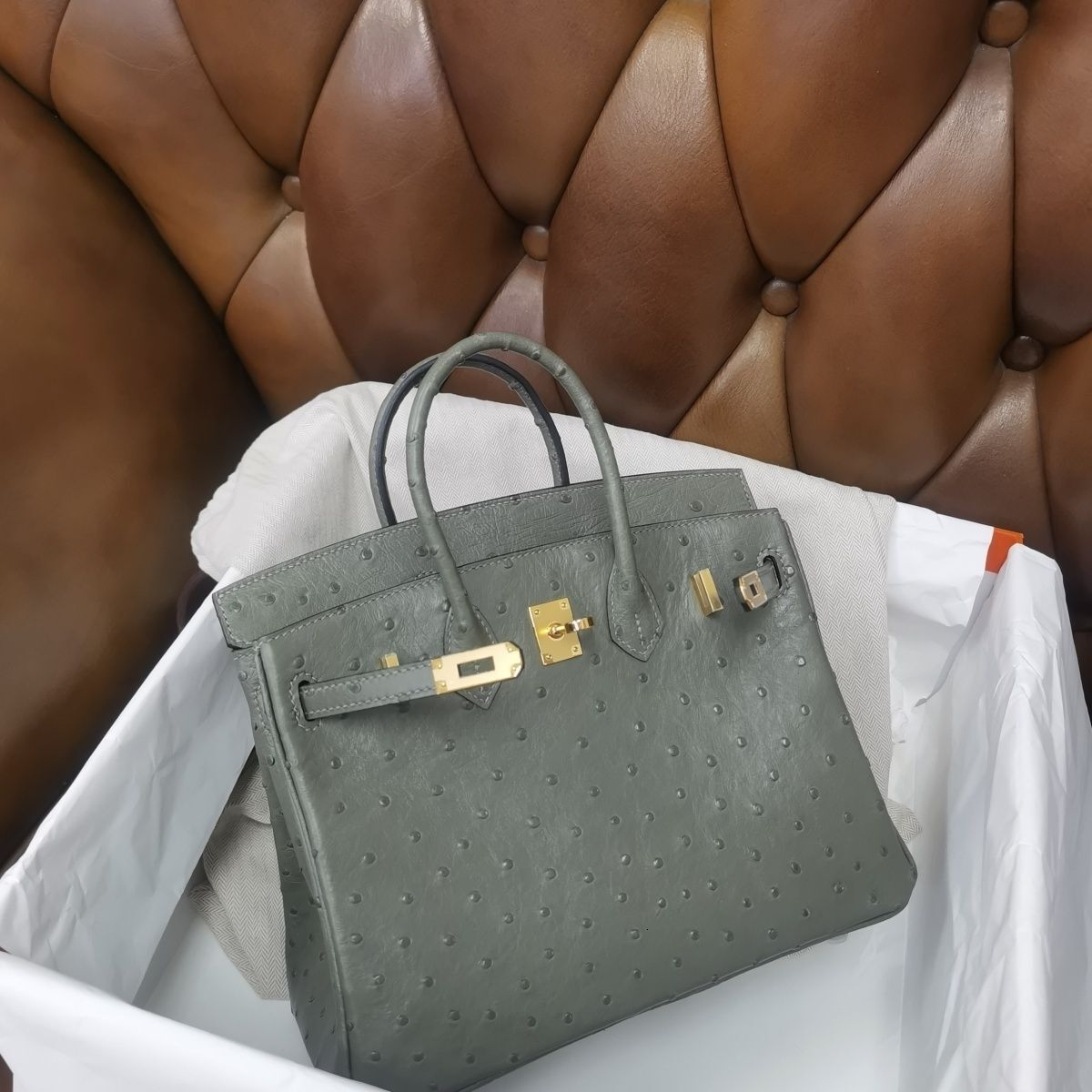 Designer Luxury fashion tote bags Handmade Wax Thread Handheld Womens Bag 25 South African Ostrich Leather Rainy Cloud Grey Real Leather Womens Bag Versatile