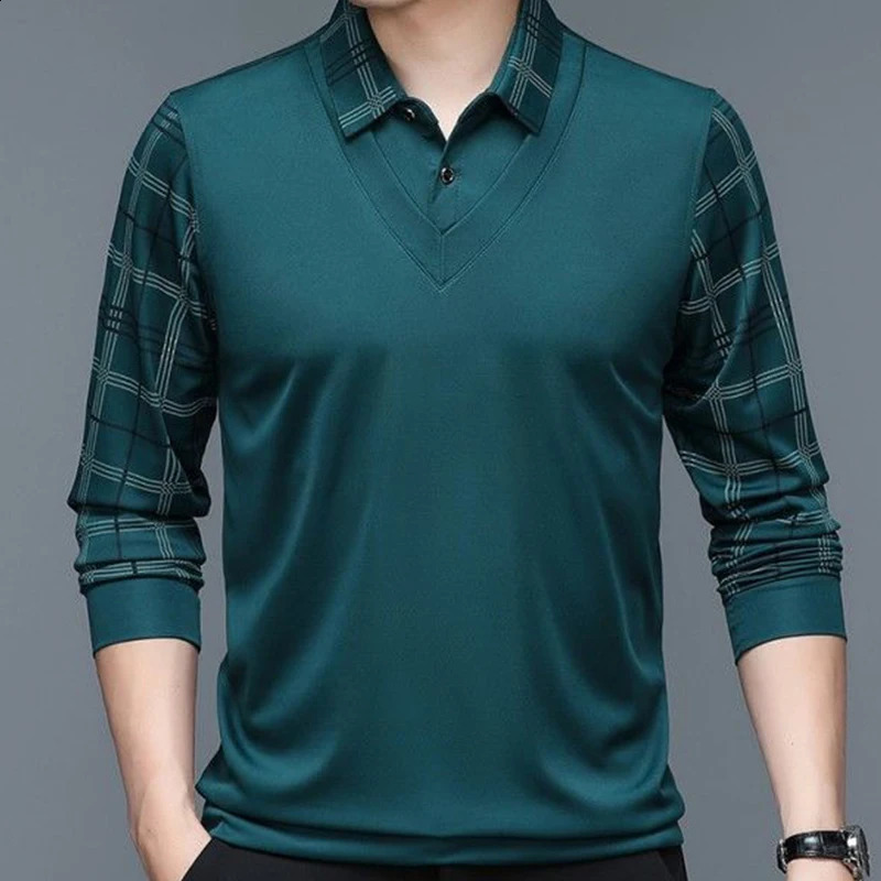 long sleeved polo mens T-shirt with loose collar and striped bottom fashionable and casual floral dress business button shirt 241203