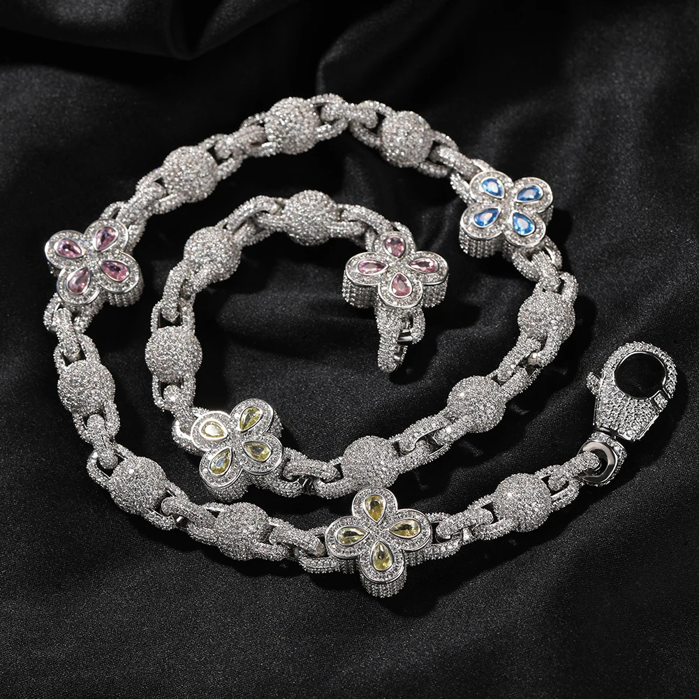 Uwin bead necklace with fresh flowers fully covered in colorful ice sparkling ball chain cubic zirconia charm hip-hop jewelry womens 241202