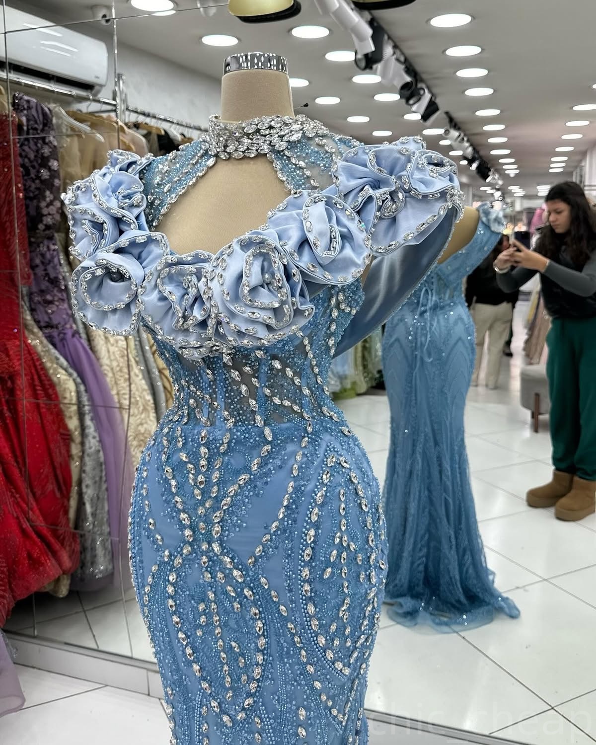 Light Sky Blue Mermaid Prom Dresses 2024 Crystals Flowers Lace Evening Formal Party Second Birthday Engagement Gowns Plus Size Dress For Special Occas
