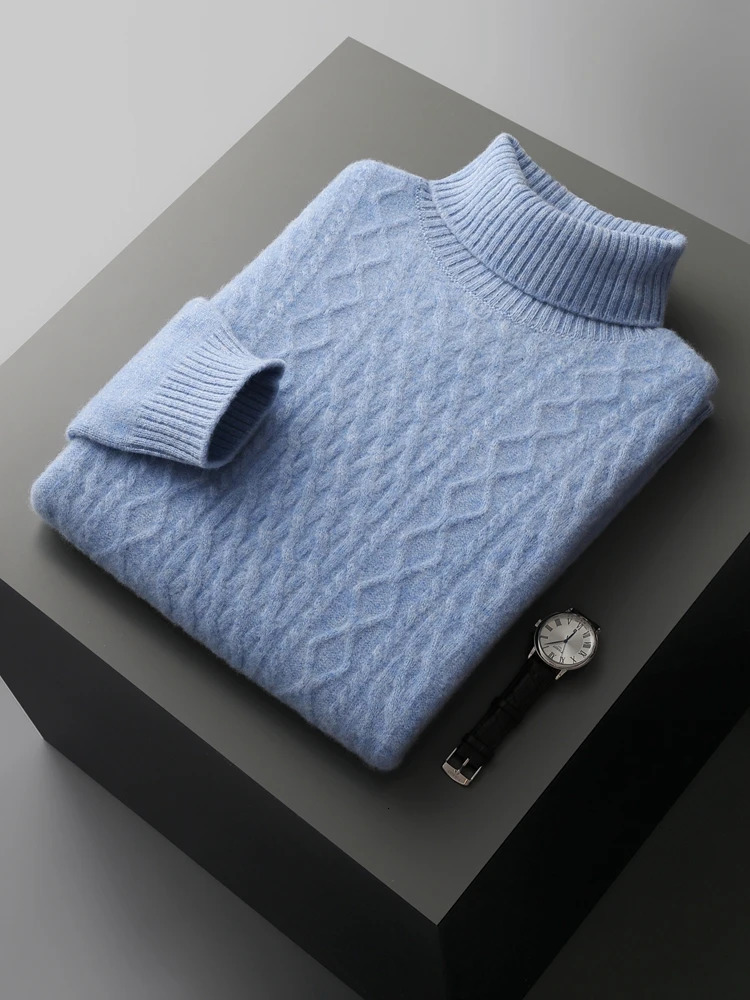 Qiku Mens Turtle Neck Cashmere Sweater Autumn Thick Pulled 100% Merino Wool Knitted Cable Knitted Warm Casual Top 241202 - view 7