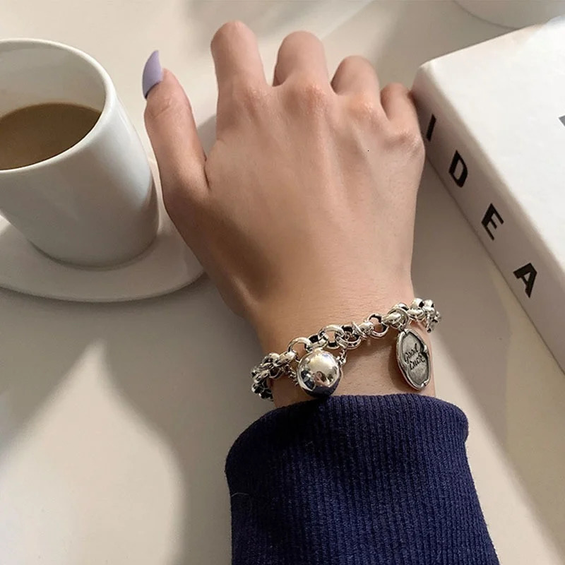 925 Sterling Silver Ball Pendant Tag Charms Bracelet for Women Vintage Thick Chain Hip Hop Bracelet Jewelry 241203