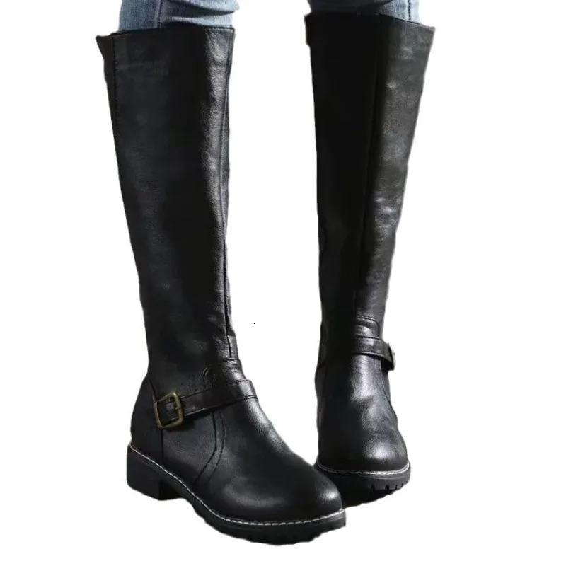 2025 PU Leather Women Long High Boots Riding Casual Buckle Zipper Autumn Platform Winter Low-heeled Black Brown Retro Shoes 241202