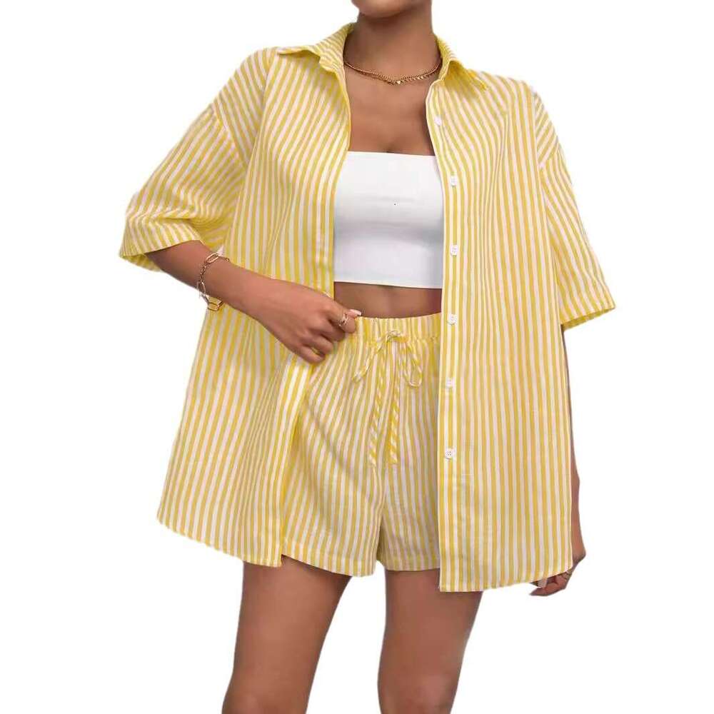 Fashion suit women's 2024 summer collar casual striped short sleeved pants, two pieces