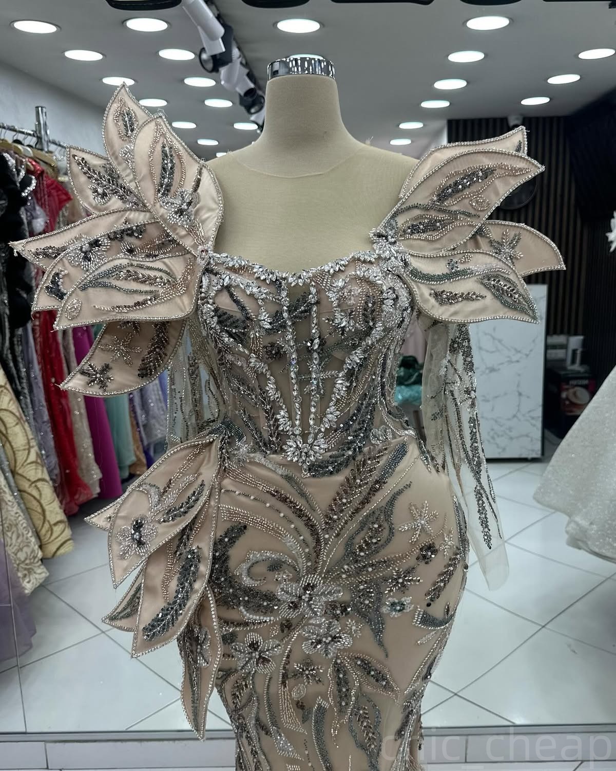 Champagne Mermaid Illusion Prom Dresses 2024 Florals Crystals Evening Formal Party Second Birthday Engagement Gowns Plus Size Dress For Special Occasi