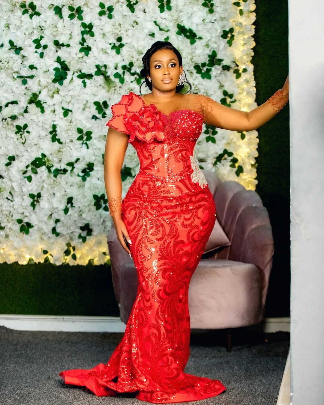 Red Mermaid Prom Dresses 2024 Rhinestones Florals Sequined Lace Evening Formal Party Second Birthday Engagement Gowns Plus Size Dress For Special Occa